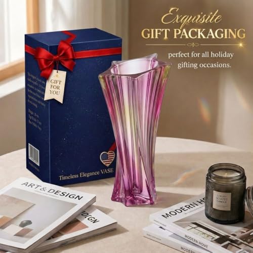 Crystal Glass Vase – Heavy Crystal Vase for Flowers with Weighted Bottom, Thick Durable Decorative Vases for Modern Home Decor, 9.8″ 3.5lb Clear Centerpiece (Gradient Pink) - color: Gradient Pink