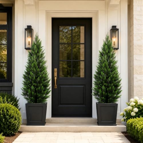 Artificial Topiary Cedar Trees 5FT Tall 2 Set, Outdoor Indoor Faux Pine Shrubs Plants, Realistic Fake Plants Front Porch Decor, Artificial Bushes Cypress for Home Front Door Offices - color: 2*pine Tree 5ft