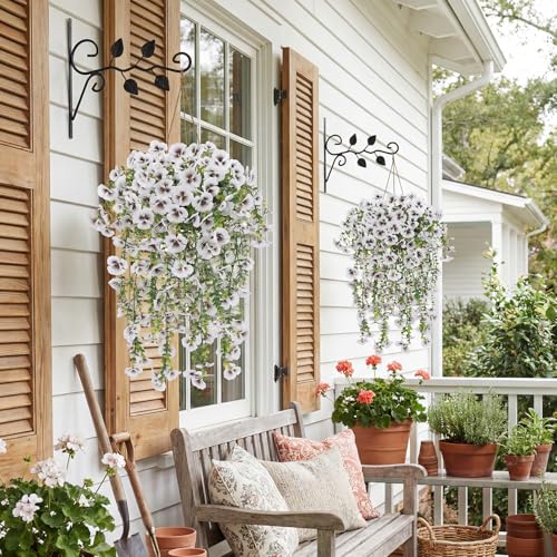 White Artificial Hanging Flowers for Outdoors, 4 PCS 29.5in UV Resistant Faux Outdoor Hanging Plants Pansy Flowers Fake Cascading Floral Vines for Porch Patio Balcony Pergola - color: White