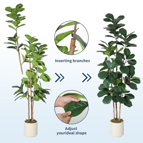 5FT Artificial Fiddle Leaf Fig Tree – Potted in Decorative White Planter, Natural Large Fake Plant for Home Décor, Indoor House Plant for Living Room, Bedroom, Office - color: Green 5ft