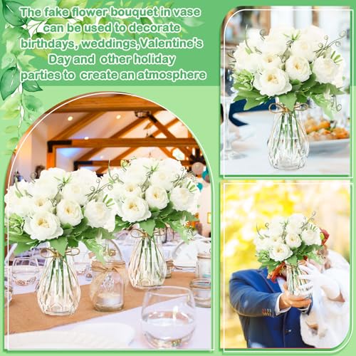 Zeyune 37 Pack Artificial Peonies Flowers with Bud Vase Bulk 24 Bundles Silk Peonies Bouquets 12 Plastic Clear Vase with 1 Rope Fake Flowers for Table Centerpiece Vases(White,Perfume) - color: White, style: Perfume