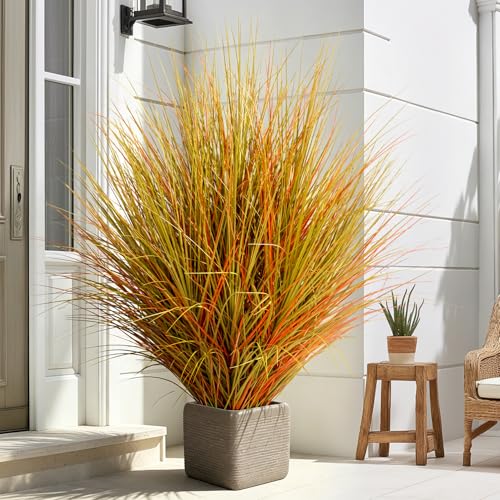 large faux plastic plantas synthetic pampas grass Big Artificial Cattail Reed Grass indoor outdoor realistic floor plants fake grass for home living room corner office patio front porch bonsai decor - color: Yellow, size: 4.8 FT