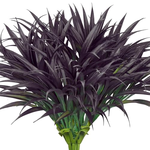 Ouddy Decor 20 Pcs Fake Outdoor Plants Artificial Grass Greenery Stems Faux Plastic Plants UV Resistant for Spring Summer Indoor Outside Garden Hanging Porch Patio Window Box Home Decor, Black Purple - color: Deep Purple