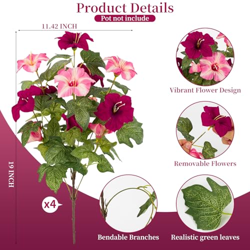 19 Inch Artificial Fake Flowers for Outdoor,4 Pcs Rose red Pink Faux Silk Petunias Spring Flowers for Outside for Indoor Porch Planter Front Door Garden Patio Window Box Home Decor - color: Rose Red Pink