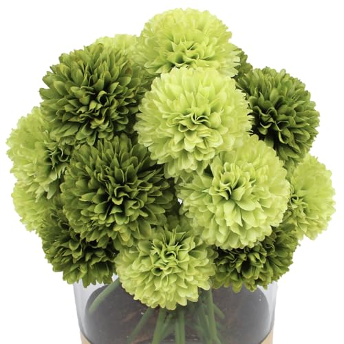 20Pcs Artificial Silk Chrysanthemum Ball Flowers Fake Mums Stem for St Patricks Day Arrangements Wedding Bouquets Home Kitchen Garden Table Floral Centerpieces (Dark Green&Green) - color: Dark Green&green