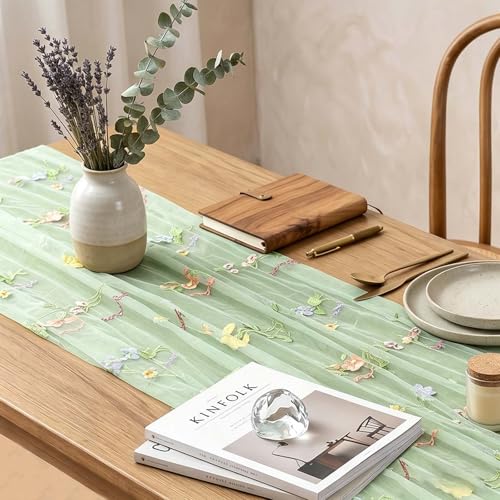 Sage Green Floral Table Runner 10ft Embroidery Tulle Spring Wildflower Table Runner Seasonal Summer Butterfly Kitchen Dining Gauze Decoration for Baby Shower Wedding Party Birthday (1 Pcs) - color: Green