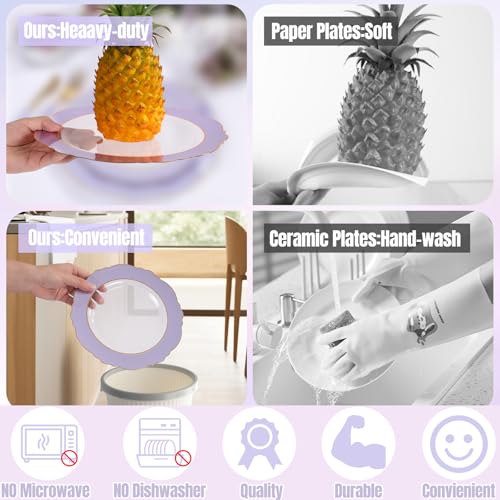 WDF 60pcs Clear Purple Plates Disposable with Gold Rim - Baroque Lavender Purple Plastic Plates for Party/Wedding/Spring/Picnic - color: Purple and Gold, size: 60PCS