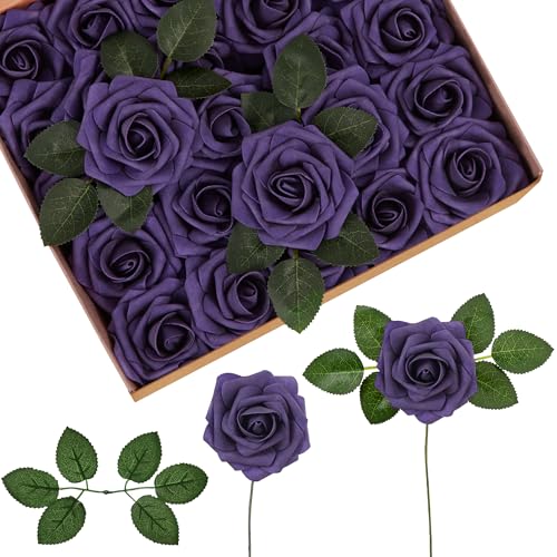 InnoGear Artificial Flowers, 50 Pcs Dusty Purple Foam Fake Roses Bulk with Stems for Decoration DIY Wedding Bouquets Centerpieces Bridal Shower Party Valentines Christmas Tree - color: Dusty Purple