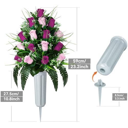 XONOR 2 Sets Artificial Cemetery Flowers, Grave Decorations Roses, Memorial Flowers Bouquet with Vase for Grave Cemetery Decoration (Purple&Pink) - color: Purple&pink