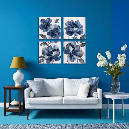 BQVCT 4 Piece Blue Floral Wall Art White Wood Canvas Prints Grey and Navy Flowers in The Style of Watercolor Painting Vintage Flora Wall Decor for Bedroom Kitchen 12"x12" - color: Navy/white