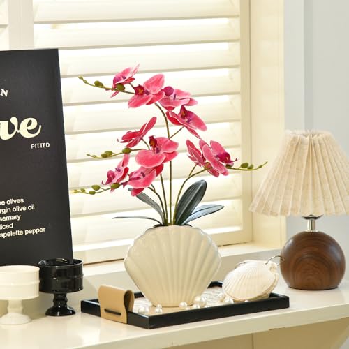 Artificial Phalaenopsis Orchid Plant in Seashell Pot, 16" Fake Orchid Flowers, Silk Faux Orchids for Home Decor, Office, Table Centerpiece, Real Touch Lifelike Indoor House Plant (Rose Red) - color: Rose Red