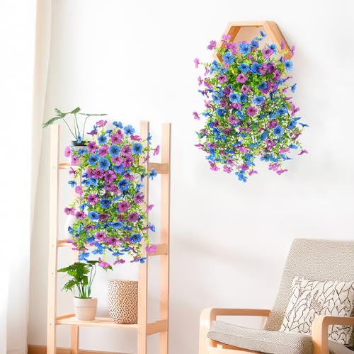INQCMY 2Pcs Artificial Fake Hanging Flowers for Outdoors UV Resistant Artificial Plants for Spring Summer Decor Look Real Faux Flowers for Outside Home Planter Porch Patio Decor - color: Purple Blue