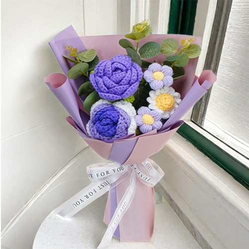 Crochet Flowers,Rose Artificial Flower Bouquet Packaging,Beautiful Crochet Flowers Suitable for Family Table Decoration, Gifts for Mother's Day,Women,Girlfriend,Mother, Birthday Wedding (Purple) - color: Purple