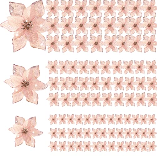 Geosar 100 Pcs 3 Size Christmas Poinsettia Flowers with Clips Glitter Artificial Flowers Small Christmas Tree Ornaments Faux for Xmas Party DIY Craft Wreath Garland New Year, 3/4/6 Inches(Rose Gold) - color: Rose Gold