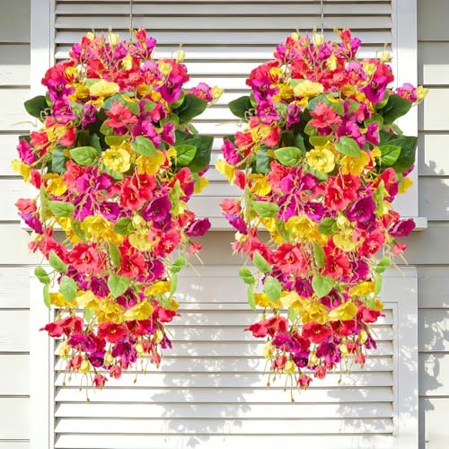 2PCS Fall Artificial Hibiscus Silk Flowers for Outdoors Planter, Fake Hanging Flowers Plants, Long Trailing Vines for Home Patio Garden Balcony Yard Decor UV Resistant - color: Green,fuchsia,yellow,purple