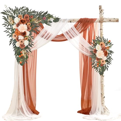 Wedding Arch Flowers with Drapes Kit (Pack of 4) - 2pcs Artificial Terracotta Deluxe Swag with 2pcs Sheer Drapes for Wedding Ceremony Arbor Reception Backdrop Rose Floral Decoration - color: Terracotta