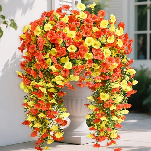 Serwalin Artificial Hanging Flowers for Outdoors Decoration, 4PCS UV Resistant Silk Artificial Fake Plants Outdoor for Porch Patio Balcony Indoor Planter Yard Decor (Orange&Yellow,4PCS) - color: Orange&yellow