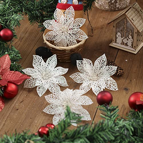 Wironlst 24 Pieces Glitter Poinsettia Flowers Christmas Tree Ornaments, Glitzy Poinsettia Bushes Christmas Decorations for Xmas/Holiday/Seasonal/Wedding (White) - color: White
