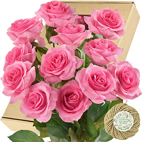 FiveSeasonStuff Rose Pink Real Touch Artificial Roses, 12 Faux Silk Flower Stems with Bendable Wire and Green Leaves for Vase Arrangements - color: Rose Pink