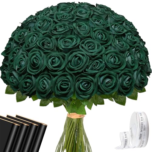 Waipfaru 50 Pcs Green Roses, Fake Roses Artificial Velet Flowers for Valentines Mothers Day Wedding Centerpieces Decor (Emerald Green) - color: Emerald Green, size: 50 Pcs