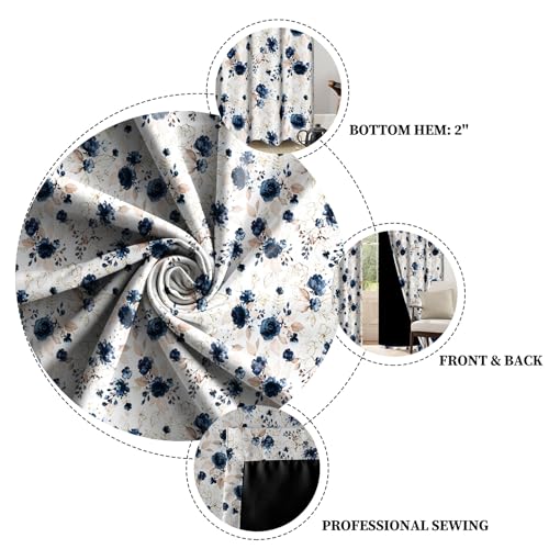 Renaiss Blue and White Floral Blackout Curtains Gold Line Rose Flowers Thermal Insulated Window Drapes for Bedroom 29W x 45L inches 2 Panel Set Window Curtain Panels for Kitchen - color: Blue, size: 29"W x 45"L (Pack of 2)
