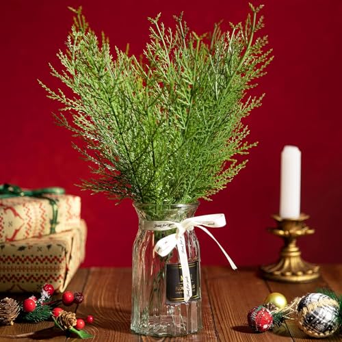 Alpurple 60 Pcs Artificial Pine Branches- 13.7 Inches Fake Greenery Pine Sprigs- Plastic Faux Pine Picks for Christmas DIY Garland Wreath Floral Home Garden Decoration - color: 60 Pcs