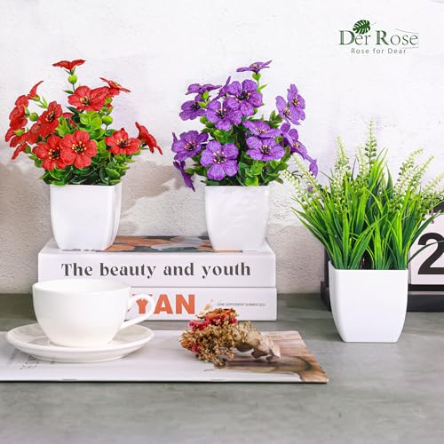 Der Rose Fake Plants 4 Pack Small Artificial Flowers in White Pots for Desk Bathroom Shelf Bedroom Office Tabletop Spring Home Decor - color: Colorful