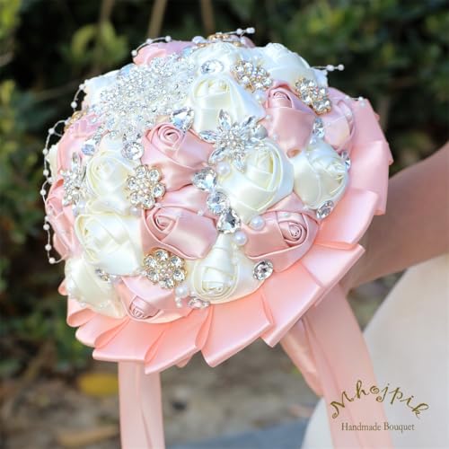 8.7" Pink Champagne & Ivory Bridal Wedding Bouquet Round Holding Bouquet Throw Toss Artificial Rose Flower Bunch for Bride Bridesmaid Wedding Quinceanera - color: Pink Champagne & Ivory, size: Medium (Dia. 8.7"/22cm)