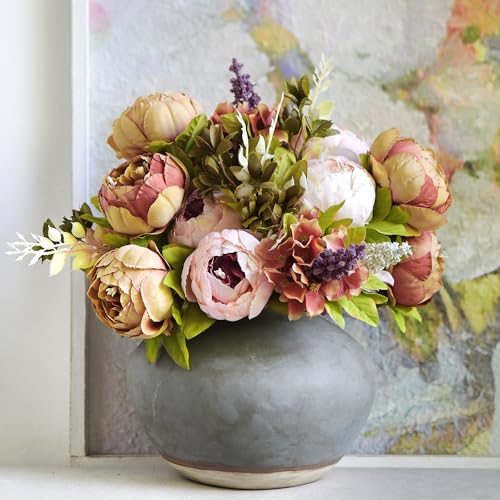 FiveSeasonStuff Artificial Peony Bouquets, 2 Silk Flower Bundles in Mixed Pale Pink & Tawny Brown with Hydrangeas for Wedding Centerpieces & Home Decor - color: Mixed Pink and Brown