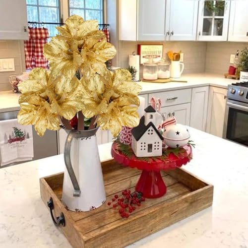 Briful Amaryllis Artificial Christmas Flower Stems, 19.7" Gold Glitter Faux Amaryllis with Detachable Heads for Xmas Home Party Wedding Bouquet Vase Arrangement Decor - color: Gold