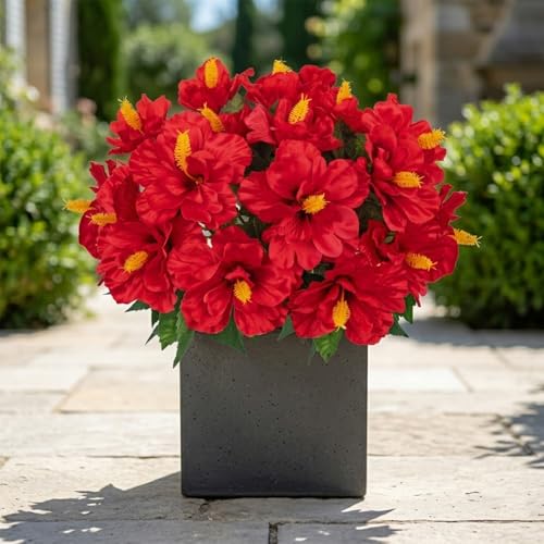 Briful 3 Bundles Artificial Hibiscus Flowers 13in, Short Faux Hibiscus Stems with Full Blooms, Silk Tropical Flowers for Small Vase, Hanging Basket, Centerpiece, Party, Indoor Outdoor Decor, Red - color: Red#944