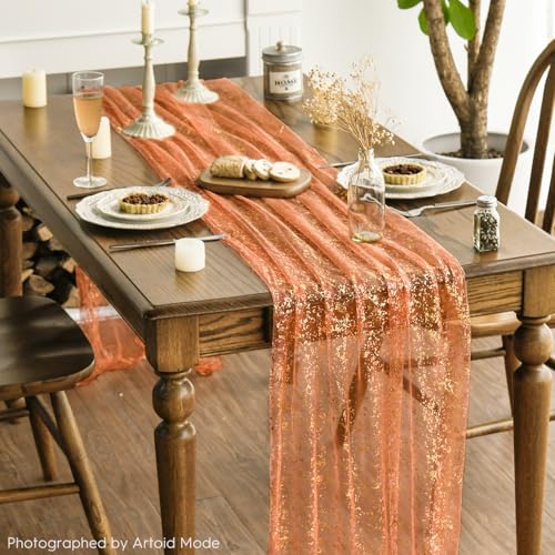 Artoid Mode Orange Gold Gauze Table Runner 120 Inch 10FT, Glitter Metallic Foil Sheer Dining Wedding Anniversary Holiday Table Decor for Home Party - color: Orange, size: 28" x 120"