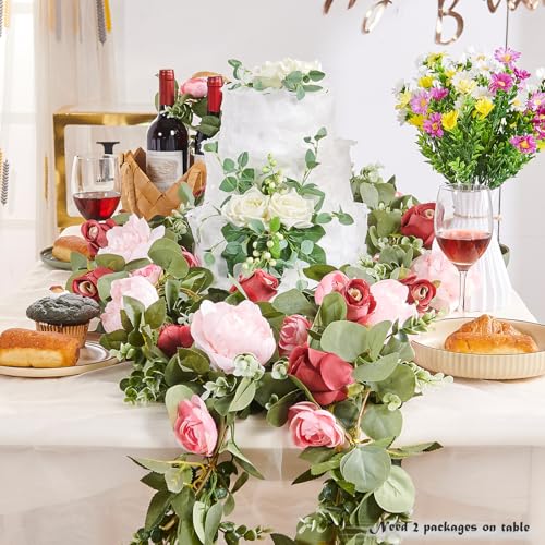 PONKING Flower Garland Artificial Rose Vine Flowers Hanging Fake Roses Vines for Wedding Birthday Party Valentines Christmas Room Wall Arch Decor, 2 Pink & 1 Red Floral Garland Decorations - color: Huge Flower Pink Vines 5.4ft