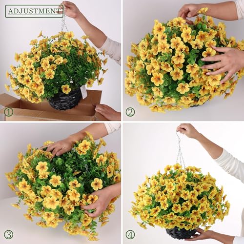 VIERENA 2 Sets Artificial Morning Glory and Eucalyptus Hanging Basket for Outdoor, UV-Resistant Fake Flower Hanging Basket, Suitable for Porch, Aisle, Garden, Patio, Eaves Decor (Yellow) - color: Yellow
