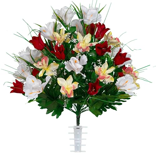 Sympathy Silks Artificial Cemetery Flowers - Grave Decoration - Red Tulips and White Iris (1) Bouquet - color: Red/White, size: (1) Bouquet
