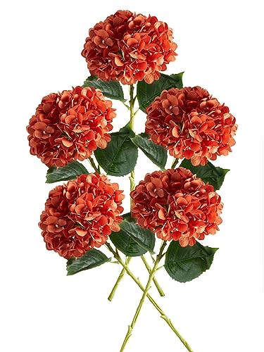 PARTY JOY 5PCS 15.4In Fall Decor Artificial Fall Flowers Bouquet Faux Hydrangea Stems for Wedding Centerpieces Fall Autumn Decorations for Home - color: Orange