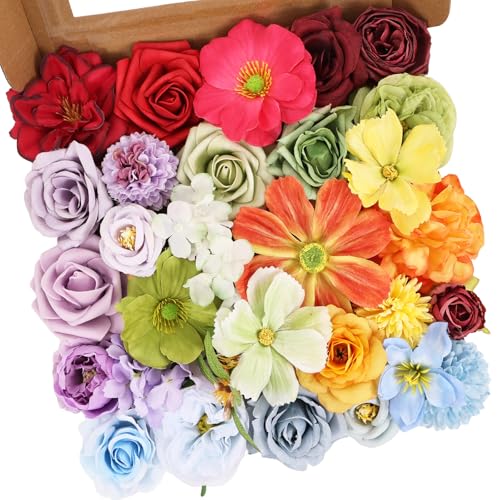 Artificial Flowers Combo Box Set Rainbow Colorful Fake Floral Arrangements Artificial Flower Bouquets Party Bridal Baby Shower Centerpieces Home Decor - color: Colorful Rainbow