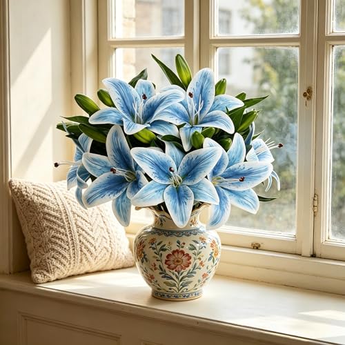 Kimura's Cabin 6Pcs Tiger Lily Artificial Flowers Real Touch Fake Lilies with Stems Faux Lilies Bouquet for Wedding Floral Arrangements Easter Home Table Centerpiece Office Decor(Light Blue) - color: Light Blue