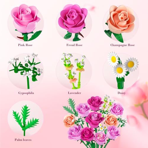 CUBIMANA Pink Rose Bouquet Building Set with Vase & LED Light, 3.6MM Mini Flower Building Kit for Adults, Artificial Floral Decor for Home Office Bedroom, Birthday Day Gifts for Women Mom Wife
