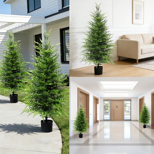 Grooy Artificial 4FT Fern Topiary Trees, Set of 2 Potted Realistic Boston Fern Plants Shrub, Fake UV Resistant Evergreen Bushes Tree for Porch Garden Indoor Outdoor Decor - color: Green Fern Tree