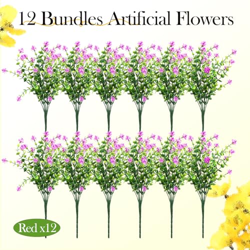 12 Pack Artificial Flowers & Plants for Outdoor Decor - Faux Eucalyptus & Lavender Greenery Shrubs - Fake Plants for Garden, Porch, Patio, Cemetery - Spring & Autumn Home Decoration - color: Rose