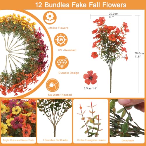 Hommyea Artificial Flowers for Outdoors, 12 Bundles Multicolor Silk Fake Flower for Fall Decoration, UV Resistant No Fade Artificial Outdoor Plants for Home Planter Porch Patio Yard Decor - color: Orange,brown,yellow