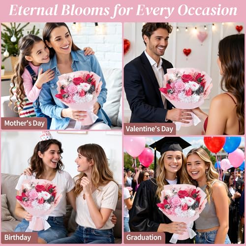Lewondr Flower for Delivery, Preserved Flowers Bouquet, Pink Roses Bouquet, Real Long-Lasting Forever Birthday Flowers Gifts for Mom Women Wife Grandma Her Mothers Day Anniversary, Light Rose - color: Pink