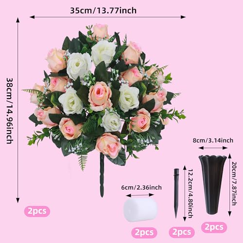 Lodou Set of 2 Artificial Cemetery Flowers, Memorial Flowers Bouquet,Grave Memorial Flowers with Vase for Cemetery Headstones Decoration (Beige White) - color: Beige White