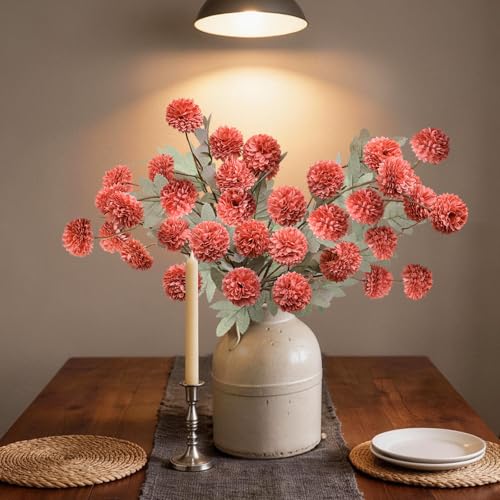 INQCMY Artificial Flowers 12 Pcs Fake Chrysanthemums Orange Faux Kiku Flower Long Stem 20" Realistic Silk Pompon Fall Mums for Vase Wedding Bouquets Centerpieces Home Decor - color: Deep Orange