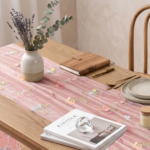 Pink Floral Table Runner 10ft Embroidery Tulle Spring Wildflower Table Runner Seasonal Summer Butterfly Kitchen Dining Gauze Decoration for Baby Shower Wedding Party Birthday (1 Pcs) - color: Pink