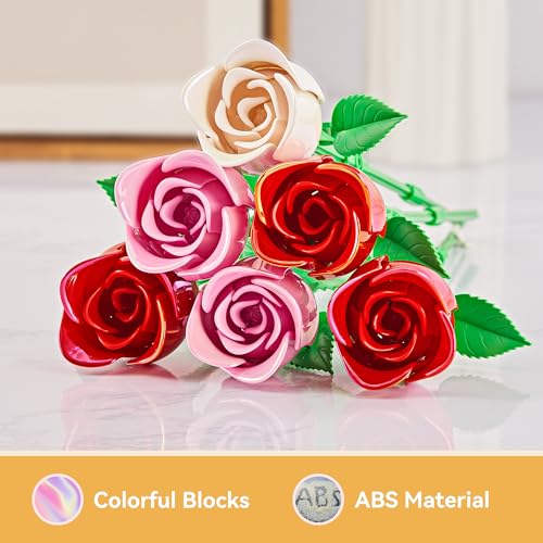 Rose Flower Bouquet Building Set: Artificial Flowers Botanical Collection Blocks Kit for Women Girls Wife Adults Home Decor Thanksgiving Christmas Mother's Day Valentine's Gifts 6-Pack - color: 3 Red & 2 Pink & 1 White