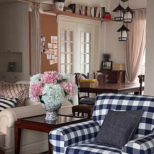 ZYTUYO 5 Pcs Pink/White Silk Hydrangeas Aritificial Flower Boho 20'' Faux Hydrangeas for Spring Indoor Home Decor Kitchen Living Room Baby Shower Outdoor Wedding Table Centerpiece - color: Pink/White