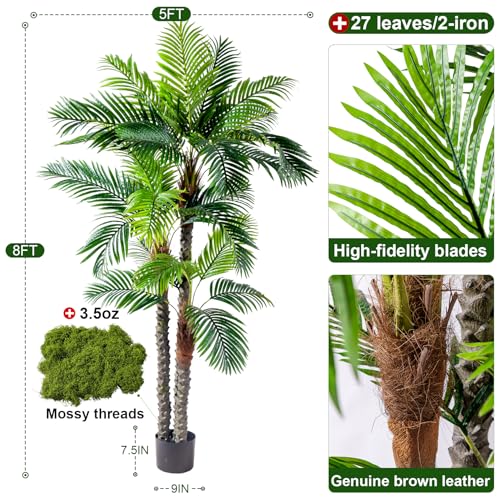 Big Faux Tropical Palm Trees Large Artificial Tree Indoor Outdoor Realistic Floor Plants Fake Silk Palm Plastic plantas for Modern Home Living Room Office Corner Patio Porch Decor Party Decorations - color: Beautiful Needle Palm, size: 8ft
