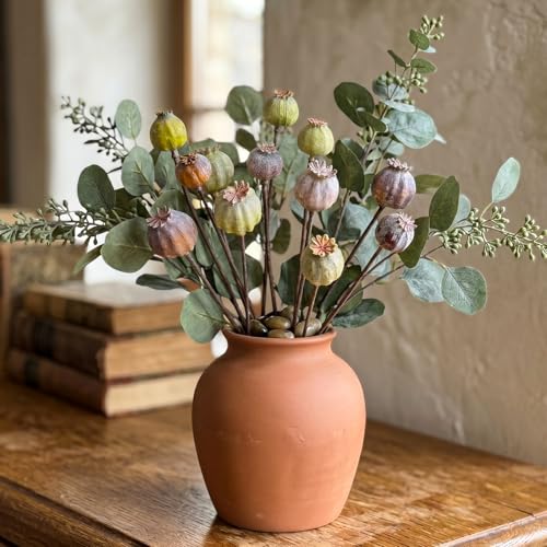 Artificial Flowers -12Pcs Artificial Poppy Pods, Real Touch Flowers for Bathroom,Coffee Table,Wedding, Home,Party Decoration,Table Centerpiece Arrangement (Green & Brown,No Include Vase)
